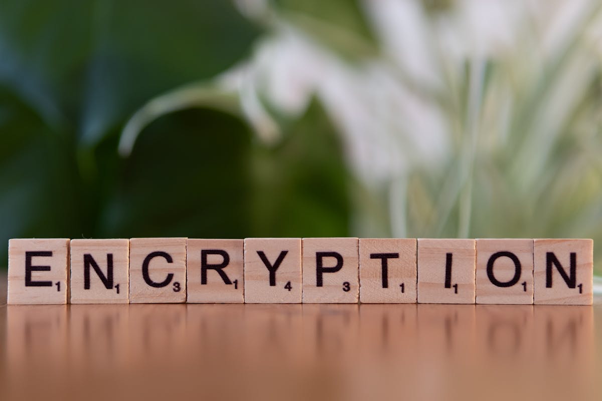 Encryption concept blocks spelling ENCRYPTION on a wooden surface