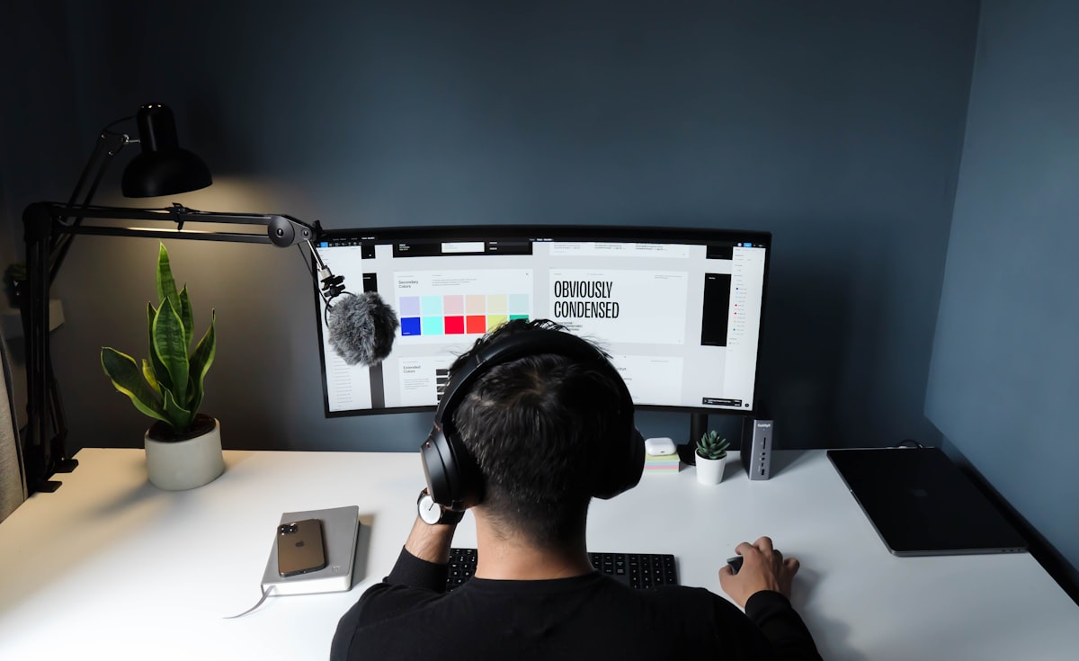 A neat modern freelance workspace with tools