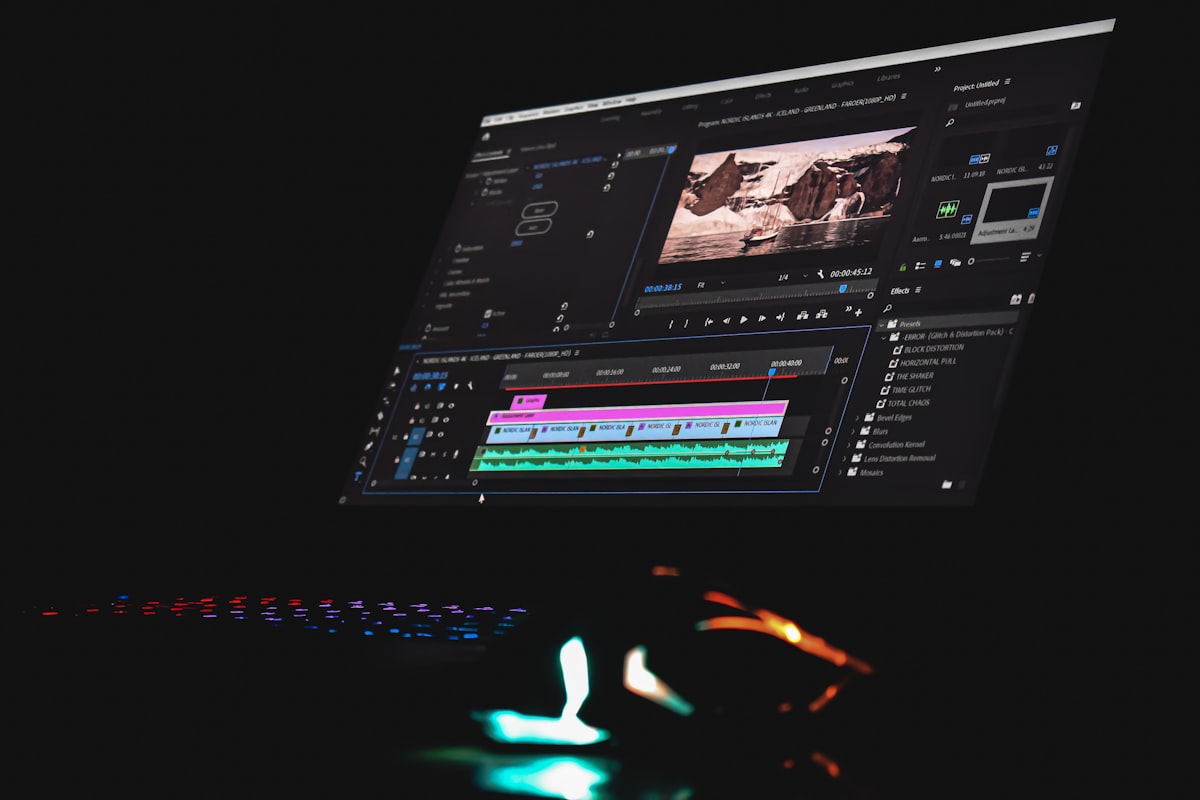 A creator's multi-monitor video editing setup